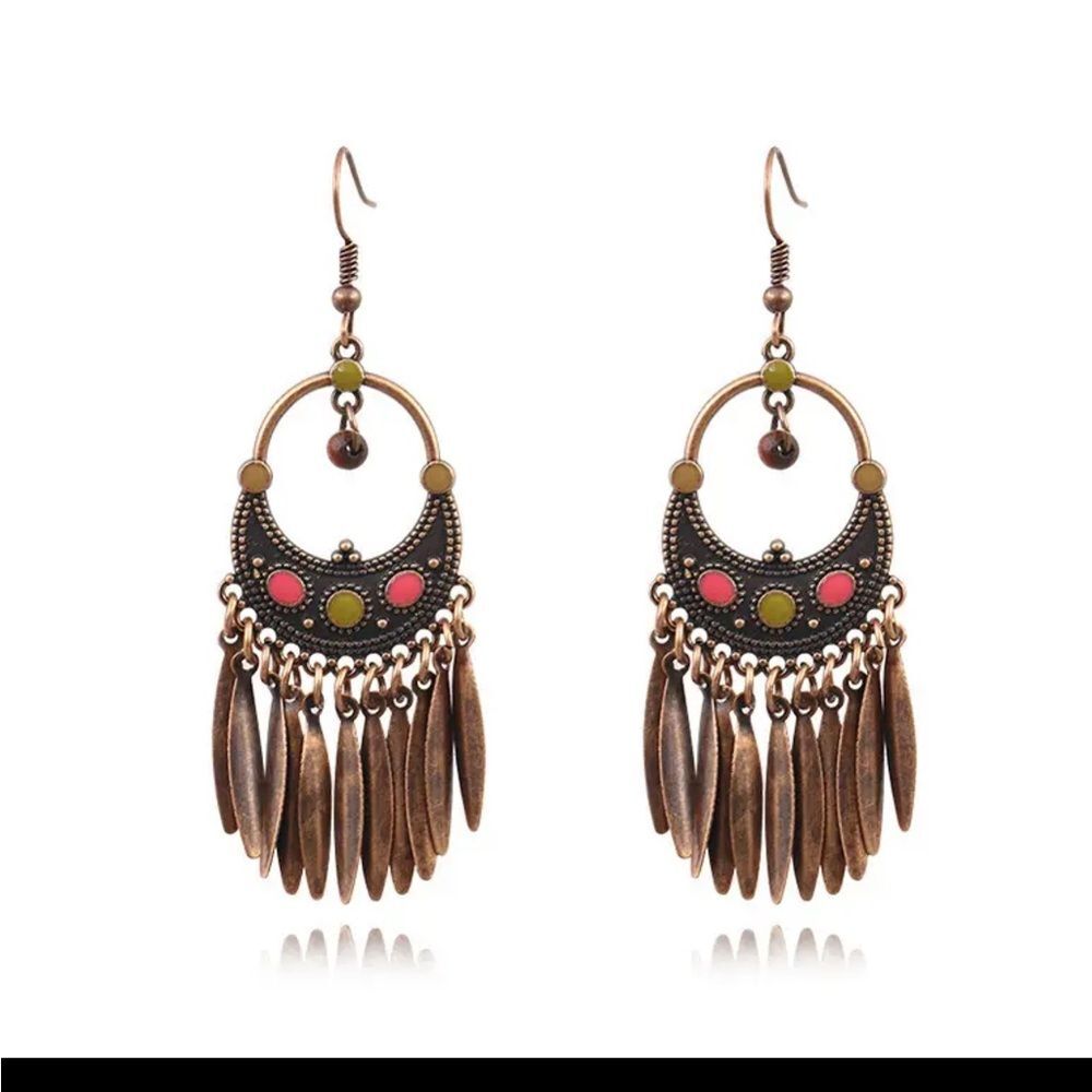Gypsy Green Pink Bohemian Bronze Dangle Earrings